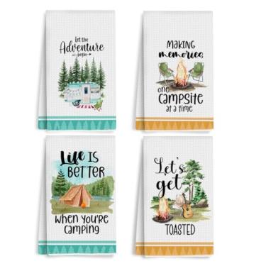 Imagem de 4 peças toalhas de cozinha de acampamento branco absorvente toalha de prato bonfire tenda carro toalhas de chá 61 x 35 centímetros com frases engraçadas presentes novidade para campistas felizes