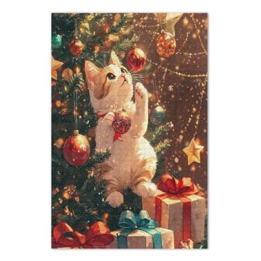 Imagem de Quebra-cabeça de árvore de Natal de gato curioso, 1000 peças, quebra-cabeça difícil para adultos com letras nas costas