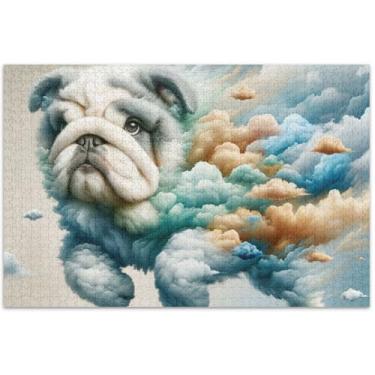 Imagem de Quebra-cabeças fofos de buldogue nuvens filhote de cachorro 1000 peças para adultos pintura de belas artes quebra-cabeças rígidos família elefante branco, 75 x 40 cm