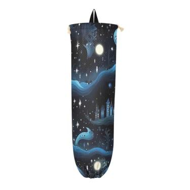 Imagem de Dispensador de saco de compras noturno estrelado azul, organizador de sacos para armazenamento de sacolas plásticas de cozinha, bolsa para sacolas plásticas