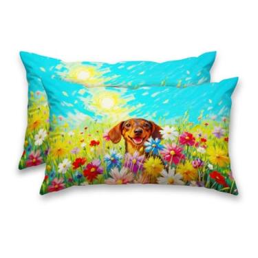 Imagem de HOMETITUTE Capas de almofada de primavera, pacote com 2 fronhas decorativas de cetim 30,5 x 50,8 cm, arte de dachshund, para sofá, sala de estar, fazenda, decorações de férias