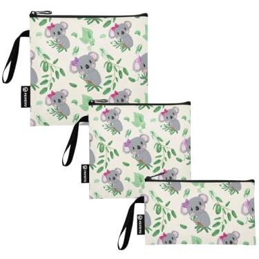 Imagem de Lindos desenhos animados folhas de coalas reutilizáveis sanduíche lanches sacos de comida de tecido lavável com zíper para estudantes (conjunto de 3: P/M/G)