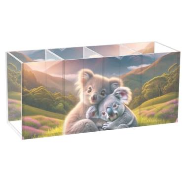 Imagem de TSENQUE Porta-lápis de mesa personalizado Koalas Mountain Sunset Cuddle com marcador de acrílico fofo para canetas, organizador de mesa