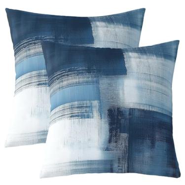 Imagem de jejeloiu Conjunto de 2 capas de almofada de arte abstrata azul para crianças, meninos, meninas, arte moderna, 50 x 50 cm, decoração de pintura a óleo abstrata, fronha geométrica, decoração de quarto