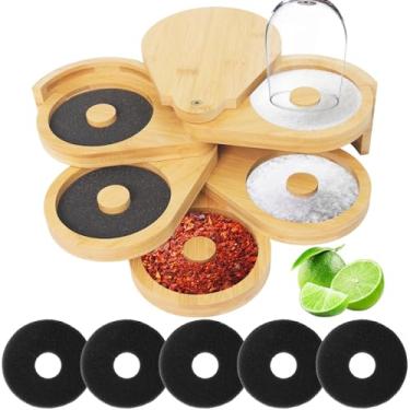 Imagem de Conjunto de 5 camadas de bambu Margarita Salt Rimmer com tampas giratórias e 5 esponjas – Rimmer de vidro para bar em casa, barman e bebidas de festa, design ecológico