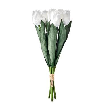 Imagem de Mikasa Flores artificiais de tulipas falsas, hastes de tulipas brancas com vegetação, conjunto de 7 flores de seda de plástico realistas, buquê de tulipas falsas para vaso de decoração de casa
