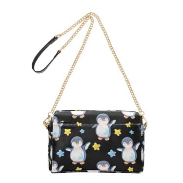 Imagem de Joitme Linda bolsa feminina de desenho animado de pinguins com estrelas pretas bolsa transversal para celular bolsa de couro PU alça de corrente