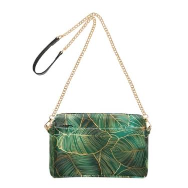 Imagem de Joitme Tropicais Folhas Douradas Verde-Petróleo Bolsa de Ombro Feminina de Couro PU com Alça de Corrente Bolsa para Celular