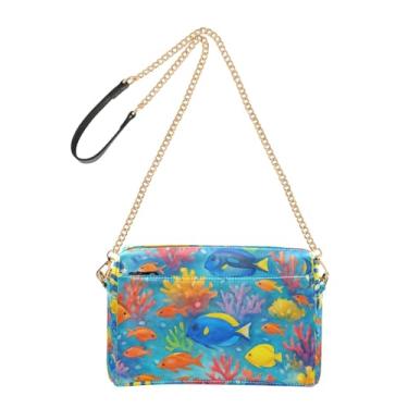 Imagem de Joitme Bolsa tiracolo feminina para celular vibrante subaquática coral peixe PU bolsa de ombro com alça de corrente