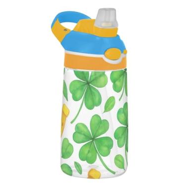Imagem de Garrafa de água infantil portátil de 473 ml Tritan Sports com copo infantil reutilizável à prova de vazamento de palha, alça de transporte, trevo verde, ferraduras, branco