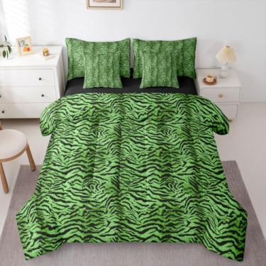 Imagem de Erosebridal Jogo de cama King com estampa de tigre verde brilhante, 7 peças, para mulheres, homens e adultos - Conjunto de edredom com estampa de pele de tigre selvagem com estampa de animal de tigre