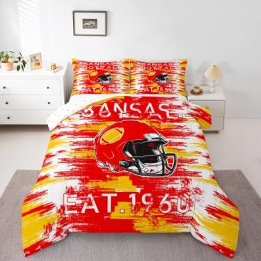 Imagem de Feelyou Jogo de cama de futebol americano macio para meninos e meninas, Kansas, tamanho casal, futebol, cidade, edredom de microfibra, rúgbi, esportes, decoração de quarto, amarelo, vermelho, 3 peças