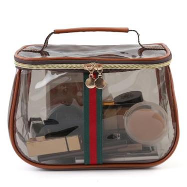 Imagem de YCQDDA Bolsa de maquiagem transparente para viagens, estojo retrô com alça, organizador de cosméticos de PVC impermeável de grande capacidade para mulheres, bolsa visível para cuidados com a pele e