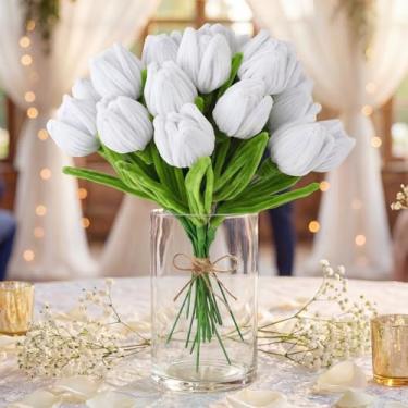 Imagem de Norme 20 peças de limpeza de cachimbo de tulipa branca para artesanato limpador de cachimbo de chenille flores para materiais de arte DIY decoração de casa