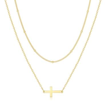 Imagem de Oskani Colar de cruz para mulheres, banhado a ouro branco 18 k, colar gargantilha com cruz de aço inoxidável, colar delicado e simples, corrente com pingente, colar de Páscoa, batismo, fé religiosa