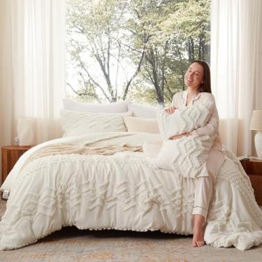 Imagem de Luxudecor Conjunto de edredom boêmio Queen Size com 3 peças, branco marfim, chique, bordado, casa de fazenda, macio, para todas as estações (branco marfim, 224 x 233 cm)