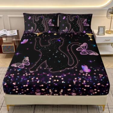 Imagem de AILONEN Jogo de cama casal de gato preto fofo, 3 peças, linha rosa, gatinho fofo, para crianças, adolescentes, meninas, lençol com elástico e 2 fronhas