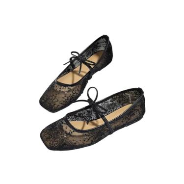 Imagem de BEAUDRM Sapatilhas femininas de balé de malha de bolinhas com laço, bico fino, Mary Jane, rasteiras, bico fechado, confortável, Preto claro, 35