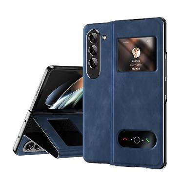 Imagem de XIMAND Capa dobrável para Samsung Galaxy Z Fold 5 Maghetic, design de janela aberta, capa fina protetora de couro Napa executiva de alto luxo com suporte oculto - azul