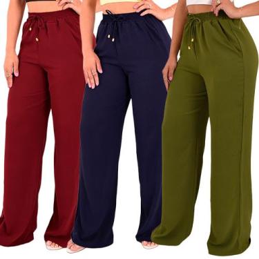 Imagem de Kit 3 Calça Pantalona Feminina Cintura Alta Tendência Larga Altíssima 