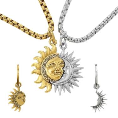 Imagem de ZHLKHIOP Colar de sol e lua, colar de lua e sol, 2 peças de colares assimétricos e 1 conjunto de brincos, joia celestial exclusiva para mulheres, colar com pingente de sol e lua de aço inoxidável
