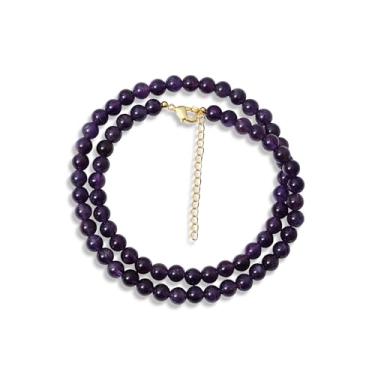 Imagem de A&M GEMS & JEWELS Colar feminino com pedras preciosas naturais, contas redondas lisas de 6 a 6,5 mm, joia banhada a ouro feita à mão, colar minimalista para o dia a dia, 18, Latão Gema, Ametista