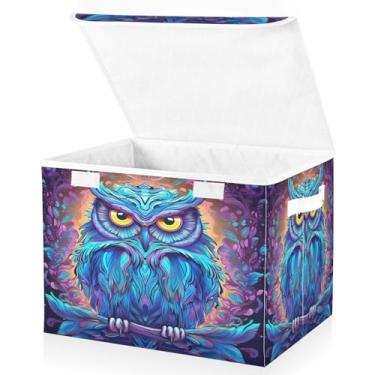Imagem de Blueangle Cestos de armazenamento de coruja neon com tampas, 42 x 32 x 30 cm, grande cesta organizadora dobrável para decoração de casa e escritório (359)