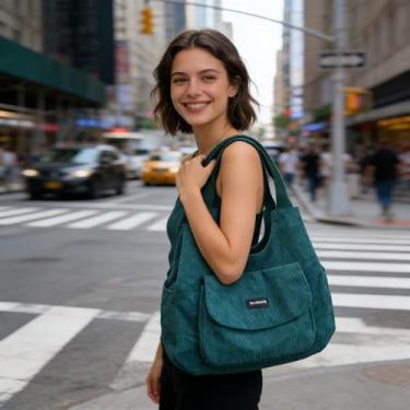 Imagem de Mochila de ombro médio verde, textura de veludo cotelê, mochila elegante clássica, leve e elegante para mulheres, trabalho diário, escritório, deslocamento