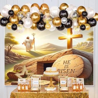 Imagem de XMJJKUF Pano de fundo para fotografia He is Risen 3 x 2,4 m vinil Jesus Cristo túmulo vazio cruz crucificação fundo luz sagrada decoração ao ar livre igreja evento foto adereços