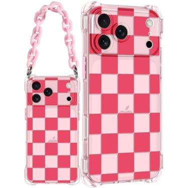 Imagem de Toycamp Capa para iPhone 17 Pro com alça para mulheres - Capa com design de flores xadrez rosa fofas engraçadas com cordões de pulso quatro cantos estilo flexível de pendurar