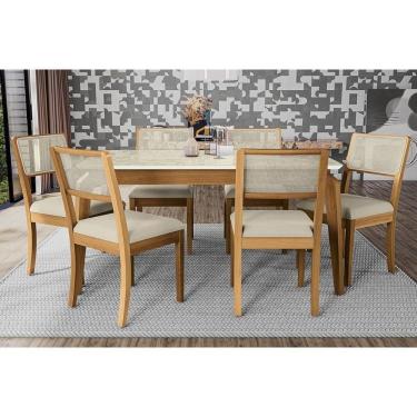 Imagem de Sala Jantar Mesa Petra Premium Madeira Maciça c/ Tampo Madeirado c/ Vidro 160x90cm e 6 Cadeiras Lola Carvalho/Off White - Linho Bege Argila-Kappesberg