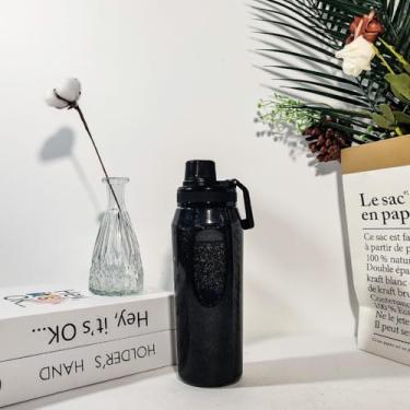 Imagem de Garrafa Térmica 500ml em Aço Inoxidável com Glitter Mantém Quente e Frio, Tampa Rosqueável com Alça, Garrafa Térmica Portátil para Água, Café e Bebidas (PRETO)