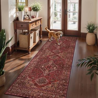 Imagem de Tangsoo Boho Tapete de corredor de entrada de 7,5 x 15,5 cm, vermelho, lavável, antiderrapante, para uso interno, estampa vintage, tapete oriental macio para sala de estar, jantar, quarto, cabeceira