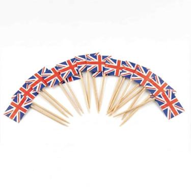 Imagem de 120 palhetas de coquetel com bandeira do Reino Unido - palitos de bambu de 6,5 cm (2,5 pol) com mini bandeiras - palhetas resistentes para decoração de alimentos e bebidas para festas, bares, catering