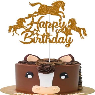 Imagem de Topo de bolo de cavalo feliz aniversário corrida de cavalos festa decoração de bolo ferradura decoração de festa de aniversário para material de festa tema cavalo, glitter marrom