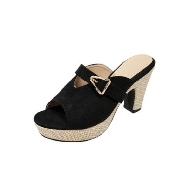 Imagem de Sandálias femininas confortáveis de salto alto com bico redondo de cor sólida e plataforma grossa., Preto, 36