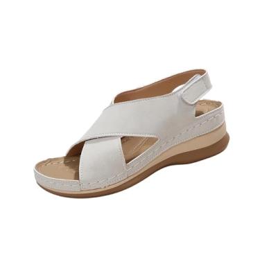 Imagem de Sandálias femininas Peep Toe com sola plataforma para uso na praia, design confortável de salto grosso, Bege, 38
