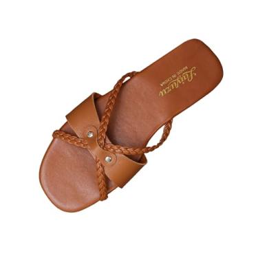 Imagem de Sandálias femininas planas com alça envolvente para primavera, verão, casual, confortável, bico aberto, sapatos de praia bidirecionais com salto de 1 cm, Marrom, 38