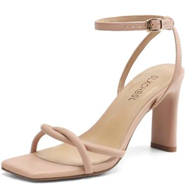 Imagem de SLXCHBSL Sandálias femininas quadradas de bico aberto com tiras para mulheres, elegantes e grossas, salto alto, fivela no tornozelo, sandálias de salto para mulheres, sapatos confortáveis de casamento