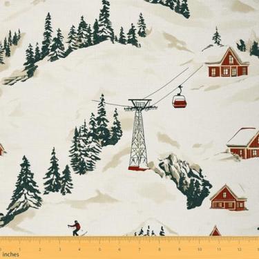 Imagem de Tecido de esqui Farmhouse da The Yard Pine Trees Cartoon Cable Car Tecidos para suprimentos de costura cabine vermelha estilo rústico tecido esportivo para decoração de quarto e estofamento faça você