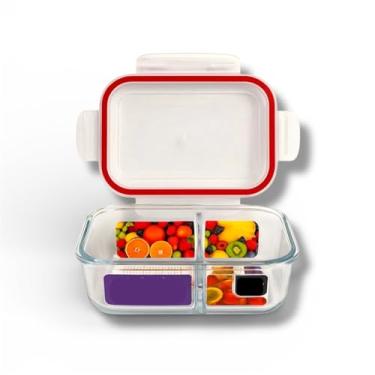 Imagem de Pote Hermético de Vidro com 2 Divisórias, 640ml, Tampa com Trava, Compatível com Micro-ondas, Freezer e Lava-Louças - Borracha Vedação Vermelha - Premium MBB Shop Mix