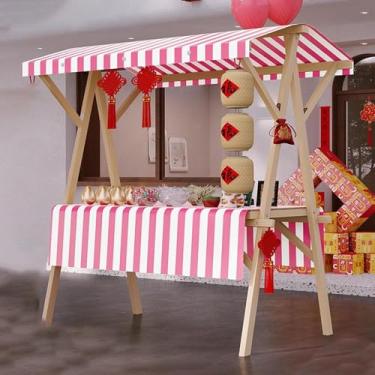 Imagem de Carrinho de comida dobrável móvel sobre rodas - carrinho de mão de vendedor de rua de madeira para cachorros-quentes, lanches e brinquedos, exibição portátil para mercado externo - 120 cm (47,2