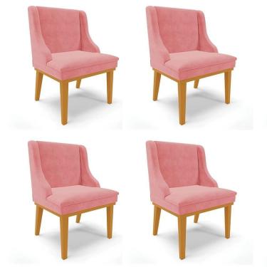 Imagem de Kit 4 Cadeiras Estofadas Para Sala De Jantar Base Fixa De Madeira Castanho Lia Suede Rosê - Ibiza