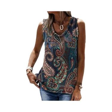 Imagem de Camiseta Feminina Retrô Estampada Casual Sem Mangas, Estilo Solto Étni