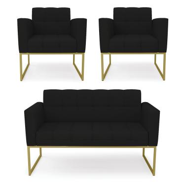 Imagem de Kit 1 Sofá Namoradeira e 2 Poltronas Elisa Linho Preto A79 Base Metálica Industrial Dourado D03 - D'Rossi