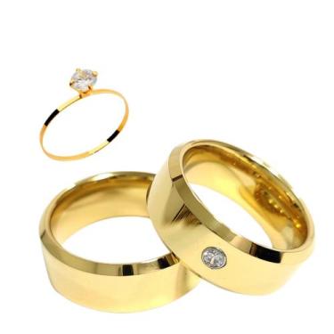 Imagem de Par Aliança Casamento Chanfrada com zircônia 8mm Tungstênio ouro 18k -