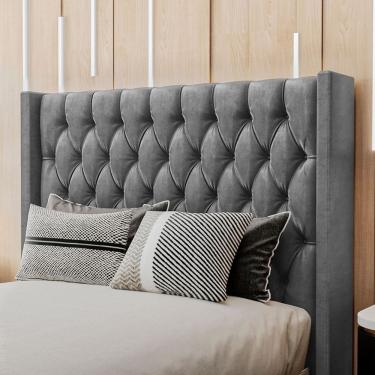 Imagem de Cabeceira Estofada Pérola Casal 140 Cm Veludo 150x155x12 Cm Cinza Sonhar Estofados
