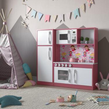 Imagem de Cozinha Infantil Completa C/ Microondas Forno Fogão E Refrigerador Helena Branco E Rosa