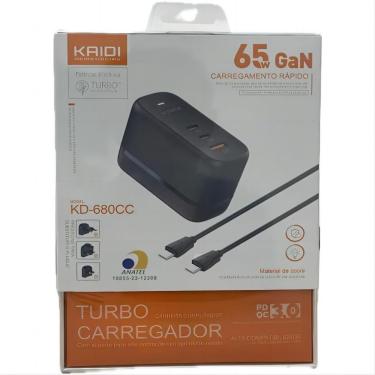 Imagem de Fonte Carregador Tipo C Turbo Rápido 65W Kaidi KD-680 Gan para Smartphones e Notebooks Bivolt 110-220V Preto com Cabo