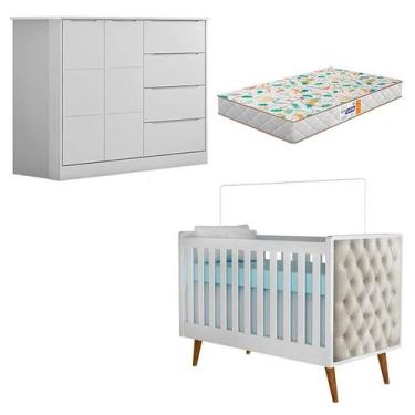Imagem de Berço Americano Lorena com Capitonê Bege Cômoda Infantil Eloá Branco A